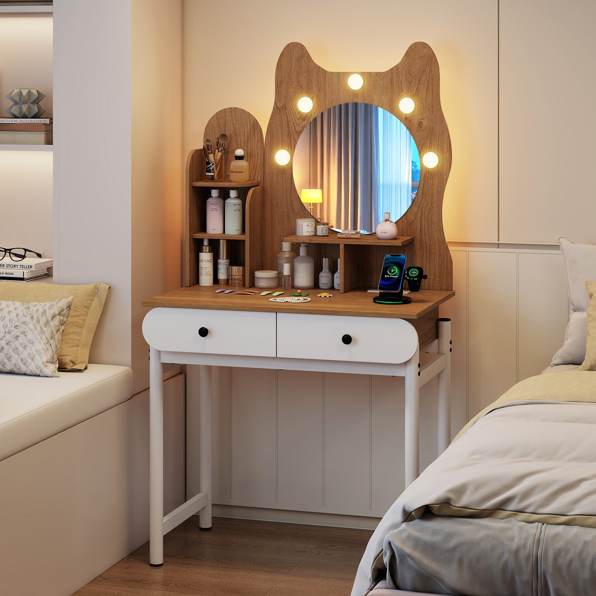Small Vanity Desk with Mirror and Lights - Natural