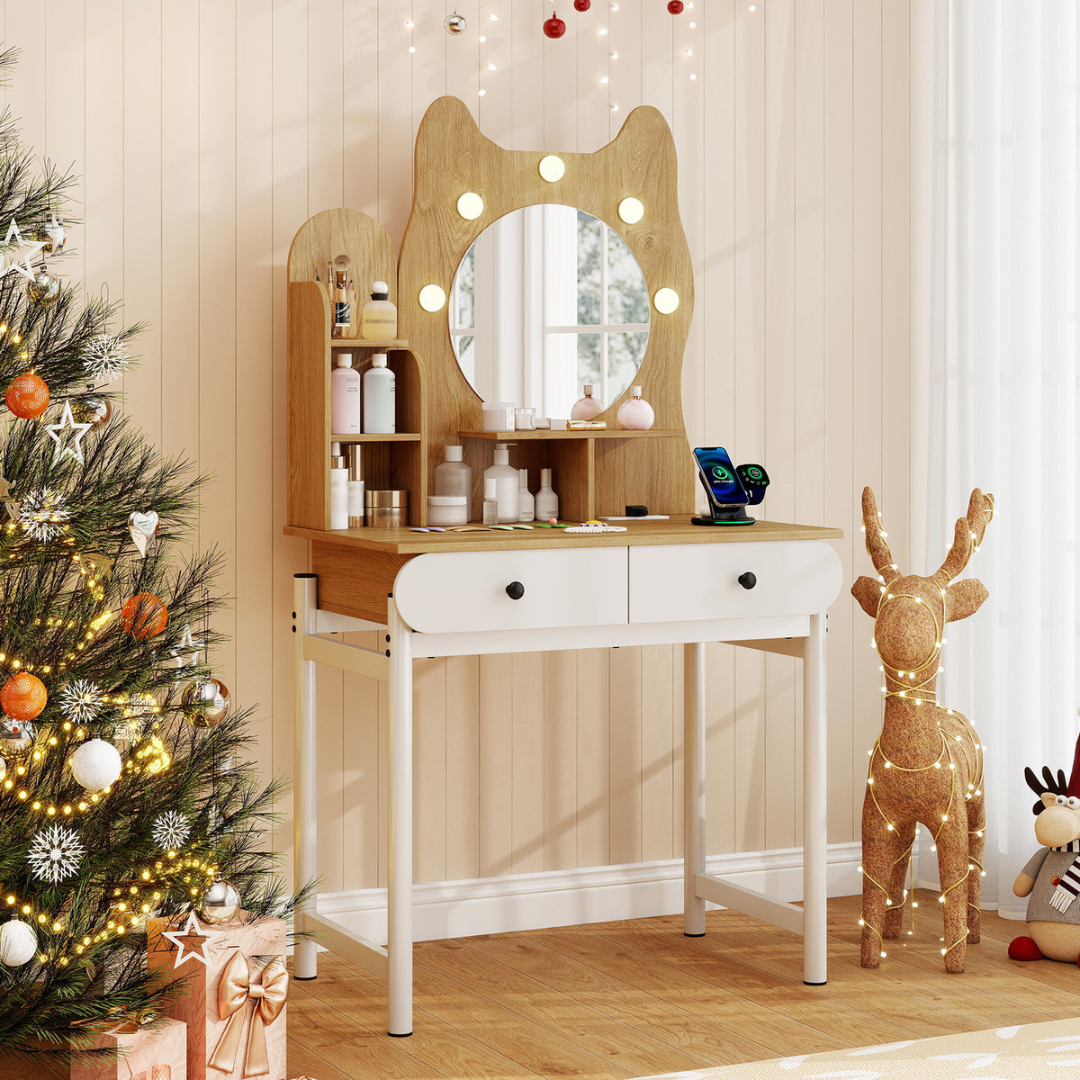 Small Vanity Desk with Mirror and Lights - Natural