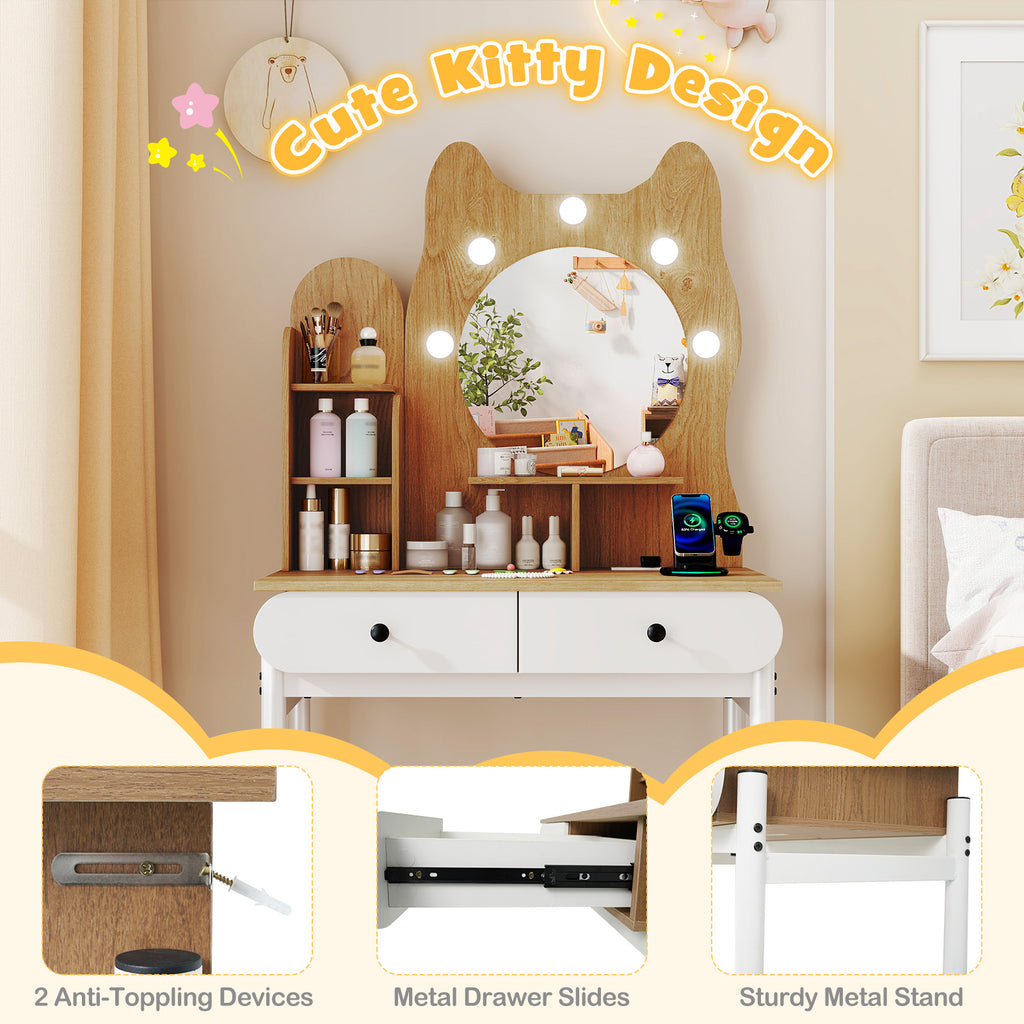 Small Vanity Desk with Mirror and Lights - Natural