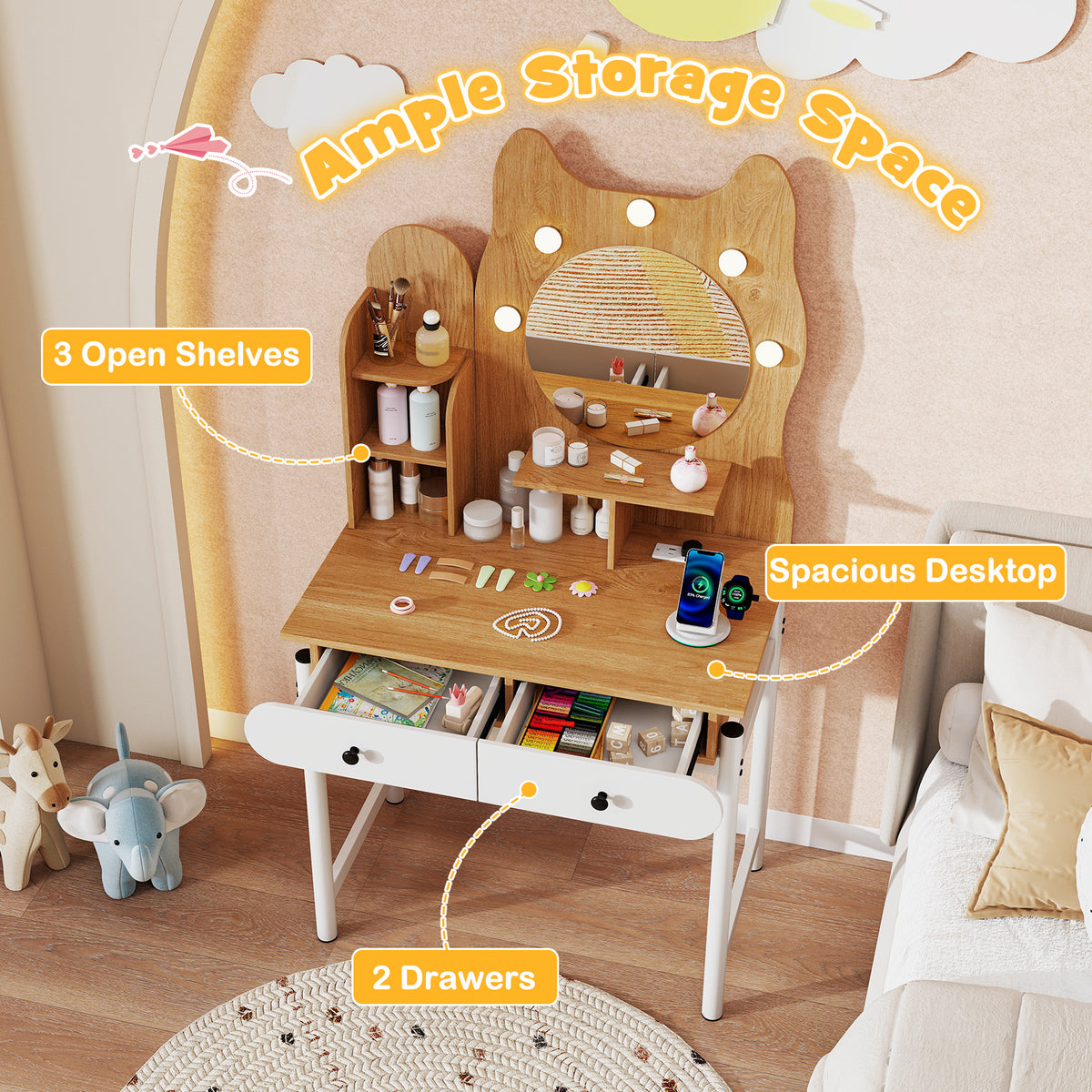 Small Vanity Desk with Mirror and Lights - Natural