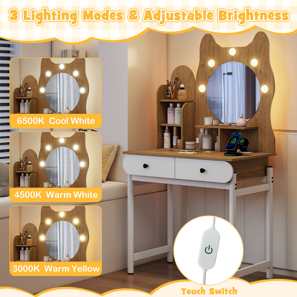 Small Vanity Desk with Mirror and Lights - Natural