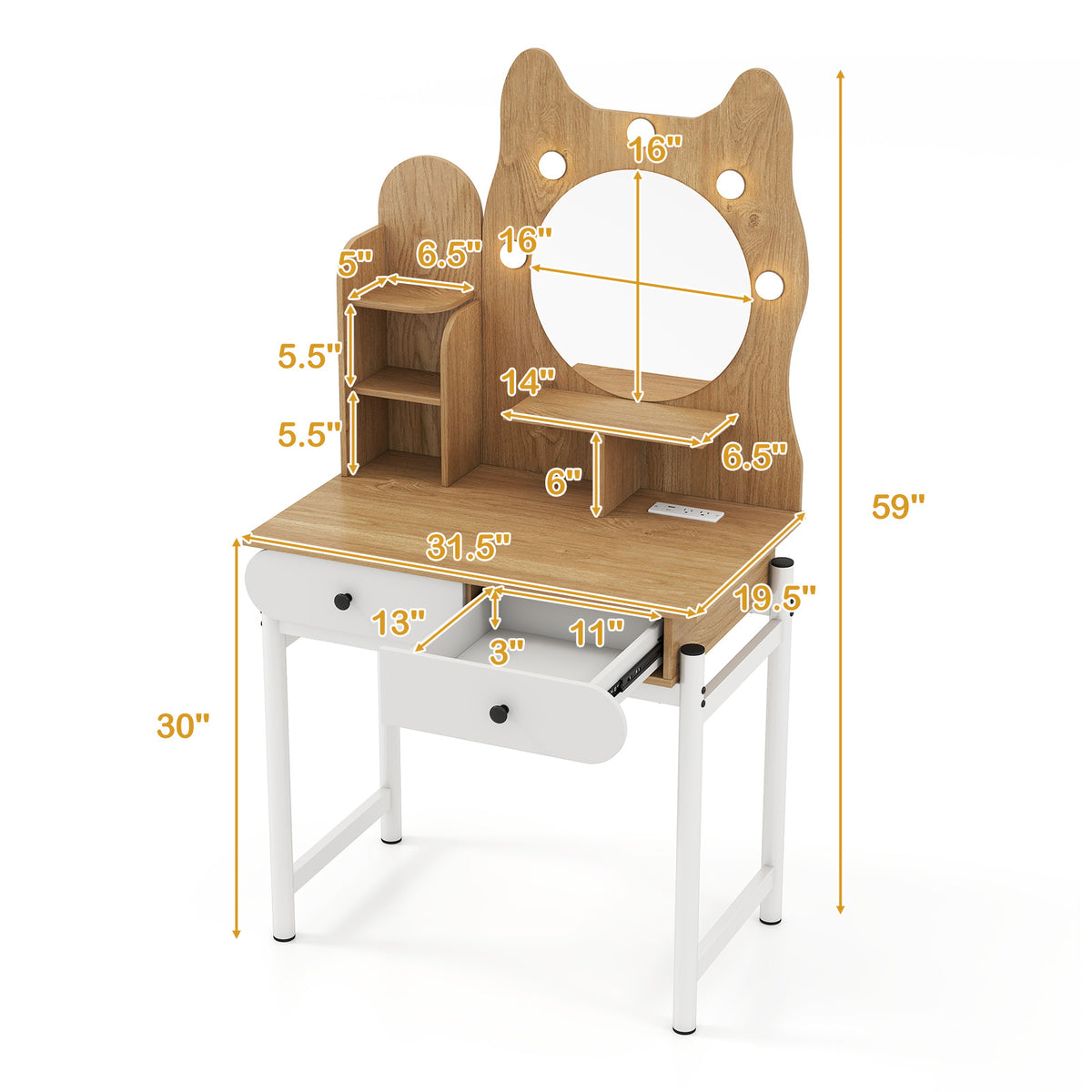Small Vanity Desk with Mirror and Lights - Natural