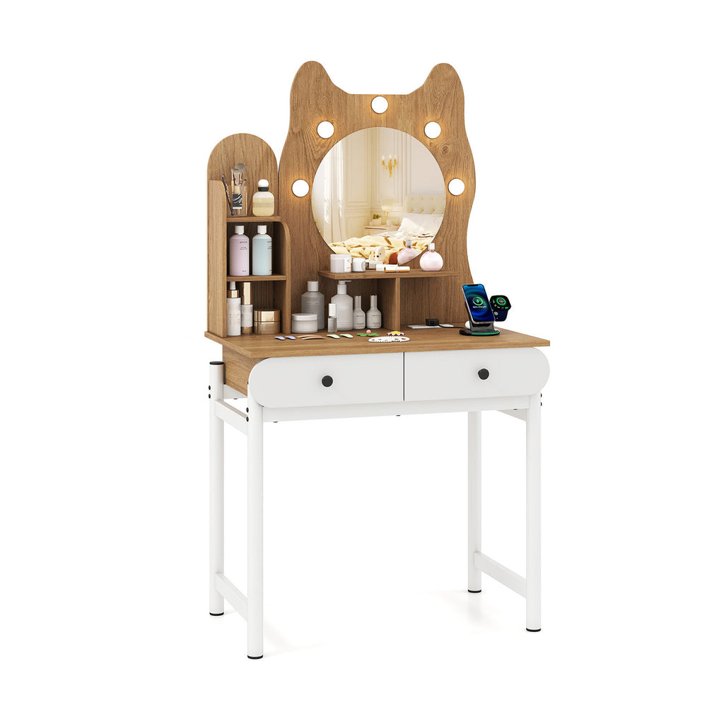Small Vanity Desk with Mirror and Lights - Natural
