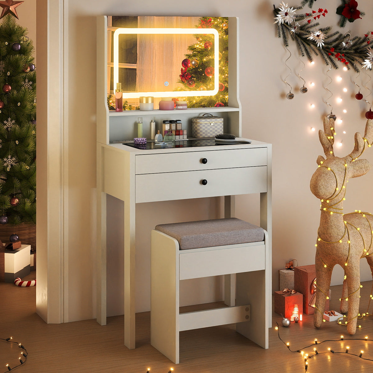 Small Vanity Desk with Mirror and Lights, White