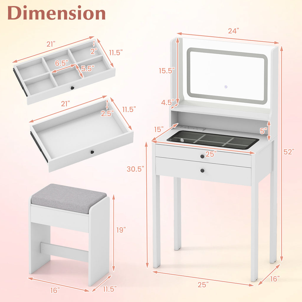 Small Vanity Desk with Mirror and Lights, White