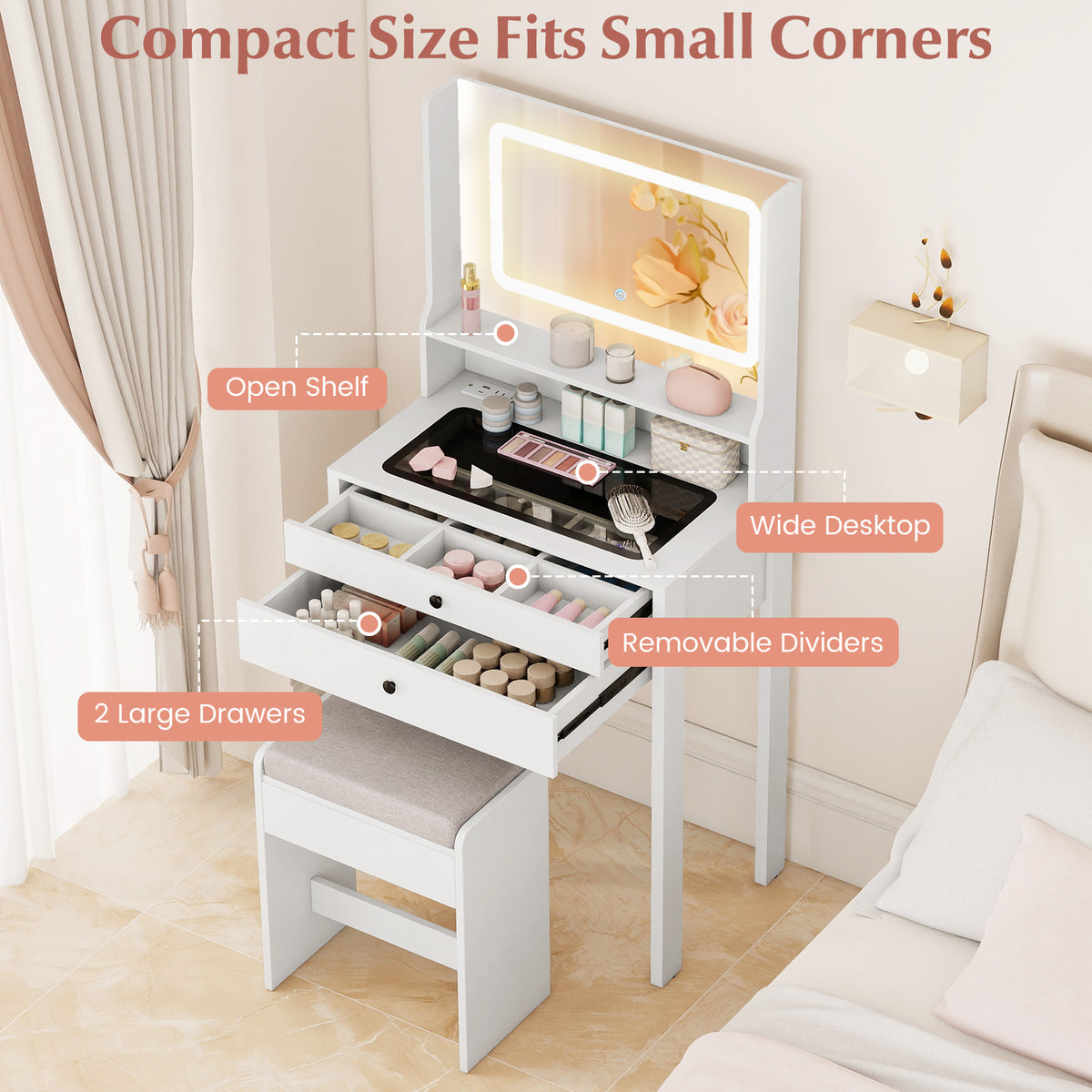 Small Vanity Desk with Mirror and Lights, White