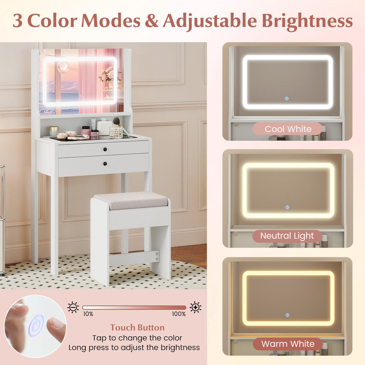 Small Vanity Desk with Mirror and Lights, White