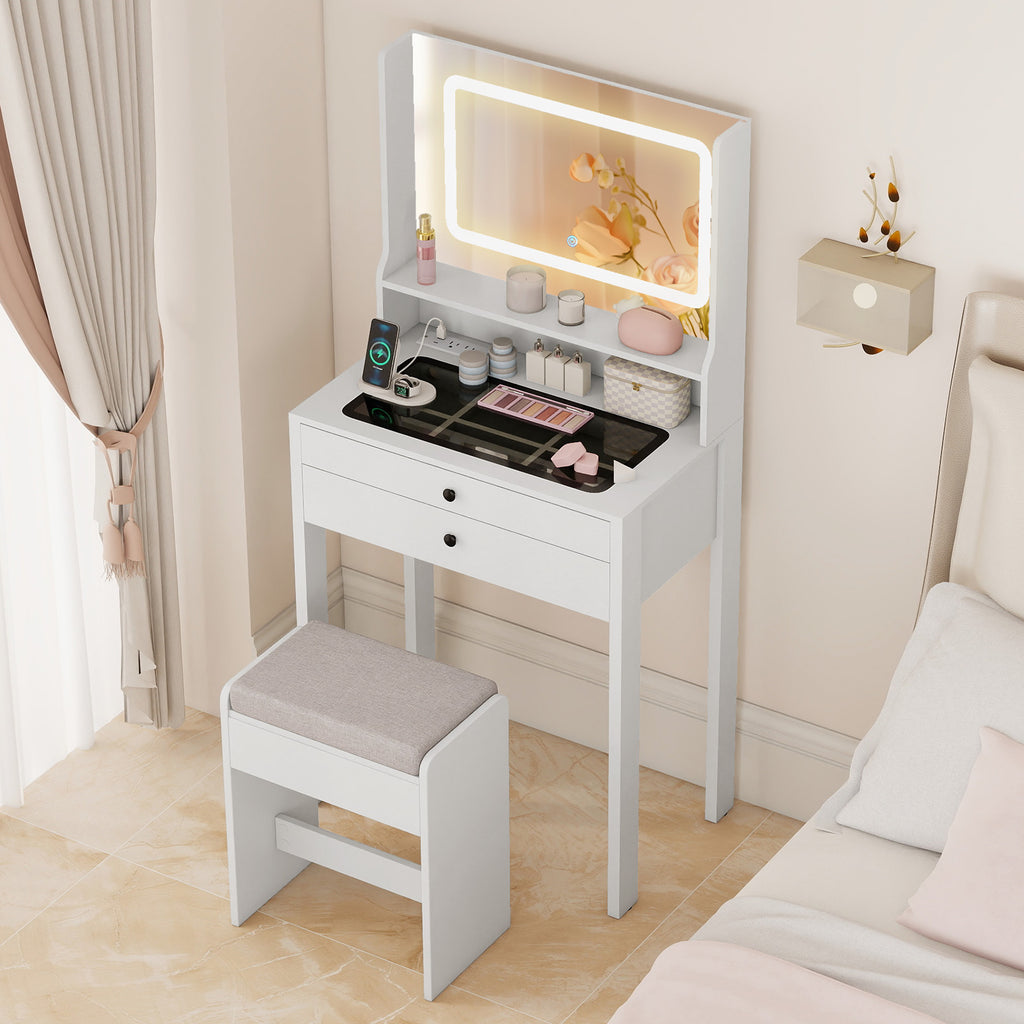 Small Vanity Desk with Mirror and Lights, White