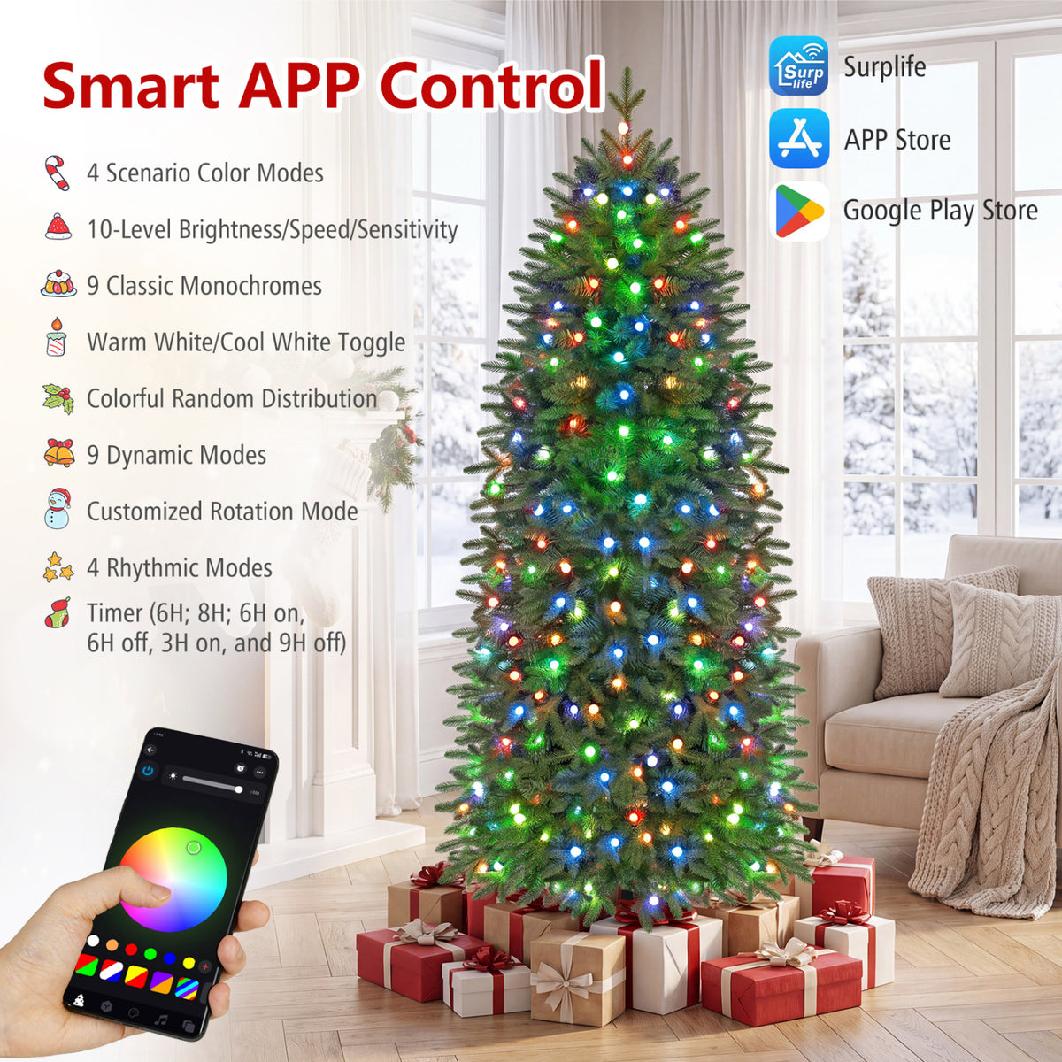 Smart Pencil Christmas Tree with 220 Pre-Lit RGB LED Lights - M Variation