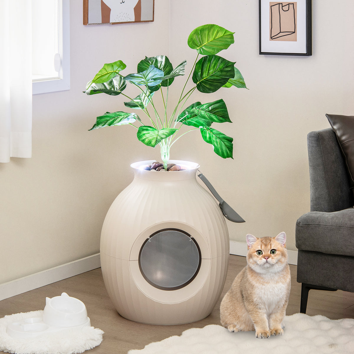Smart Cat Litter Box with Electronic Odor Removal & Sterilization - Beige