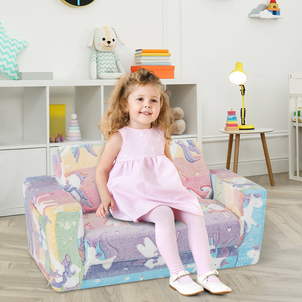 Kids 2-in-1 Flip Out Sofa Chair with Detachable Flannel Cover & Glowing Patterns - Color