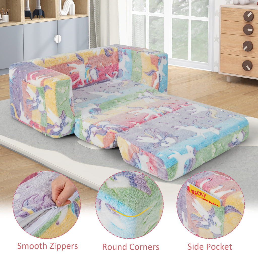 Kids 2-in-1 Flip Out Sofa Chair with Detachable Flannel Cover & Glowing Patterns - Color