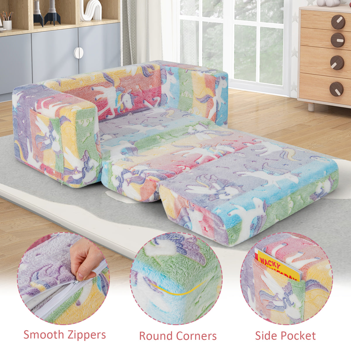 Kids 2-in-1 Flip Out Sofa Chair with Detachable Flannel Cover & Glowing Patterns - Color
