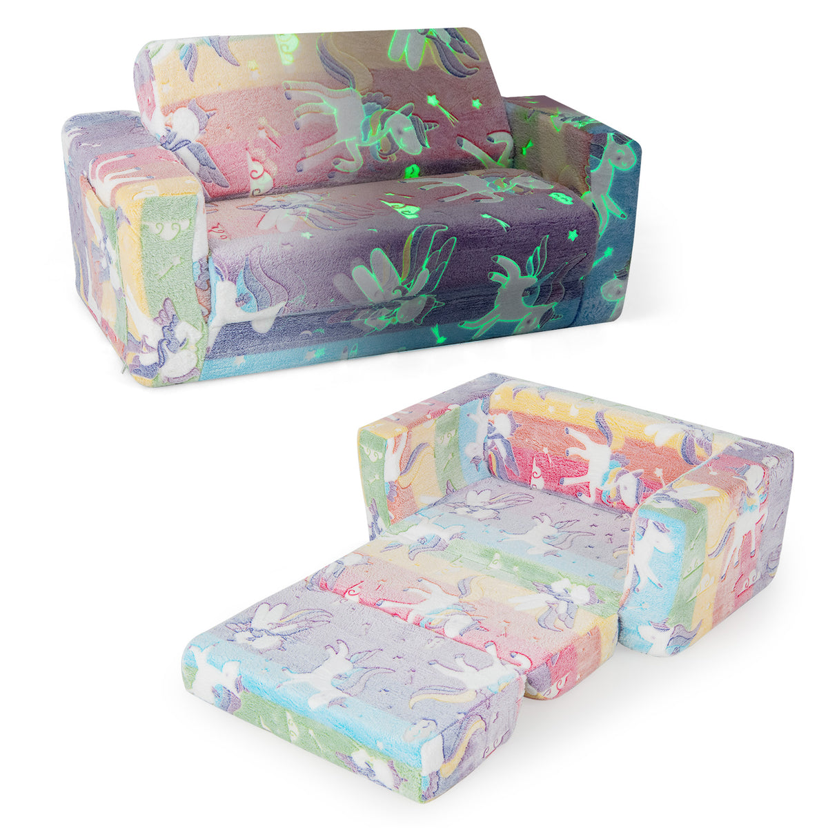 Kids 2-in-1 Flip Out Sofa Chair with Detachable Flannel Cover & Glowing Patterns - Color