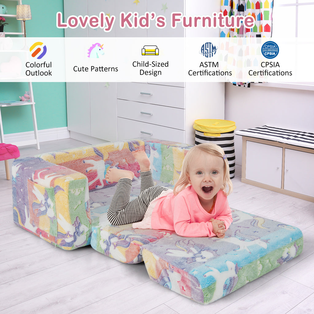 Kids 2-in-1 Flip Out Sofa Chair with Detachable Flannel Cover & Glowing Patterns - Color