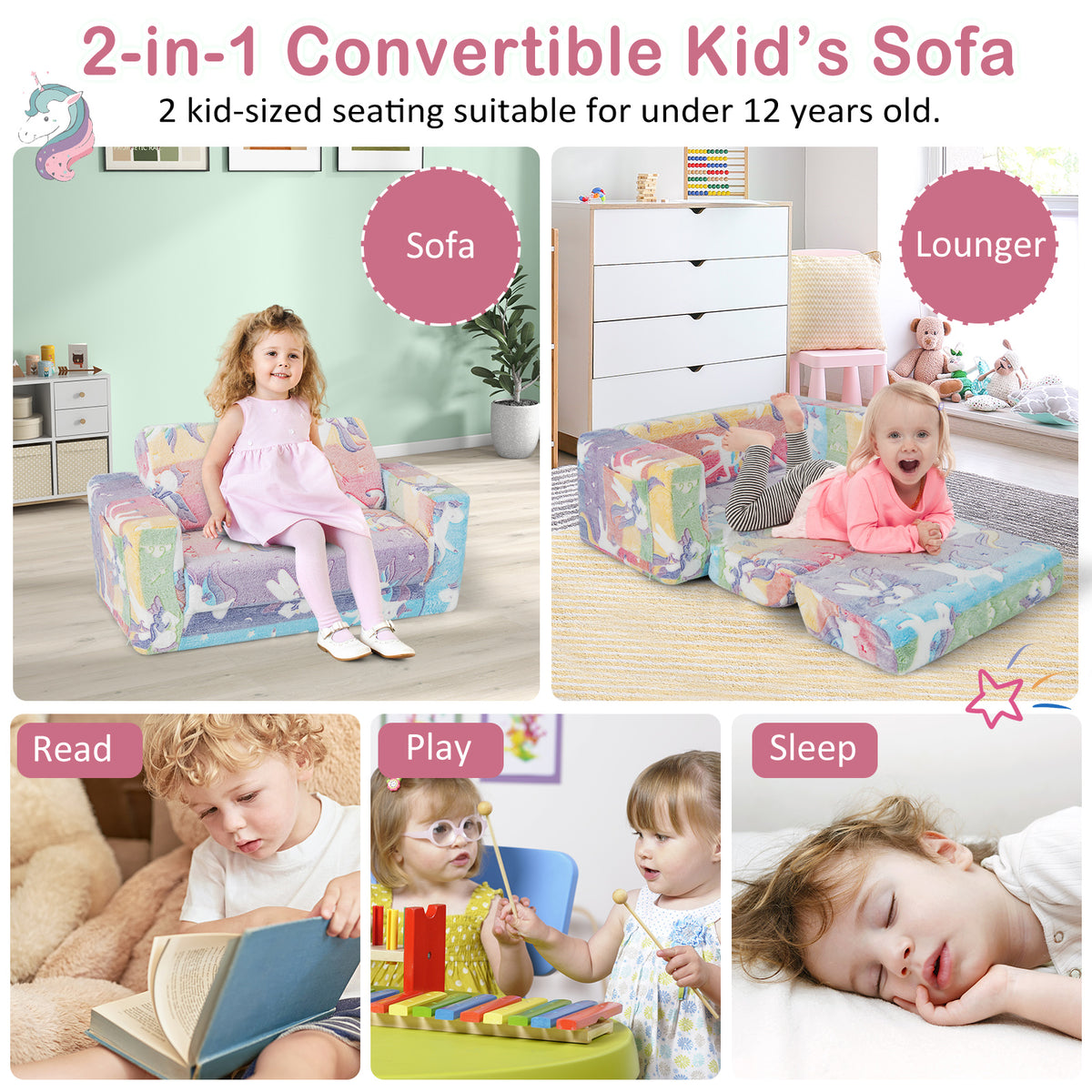 Kids 2-in-1 Flip Out Sofa Chair with Detachable Flannel Cover & Glowing Patterns - Color