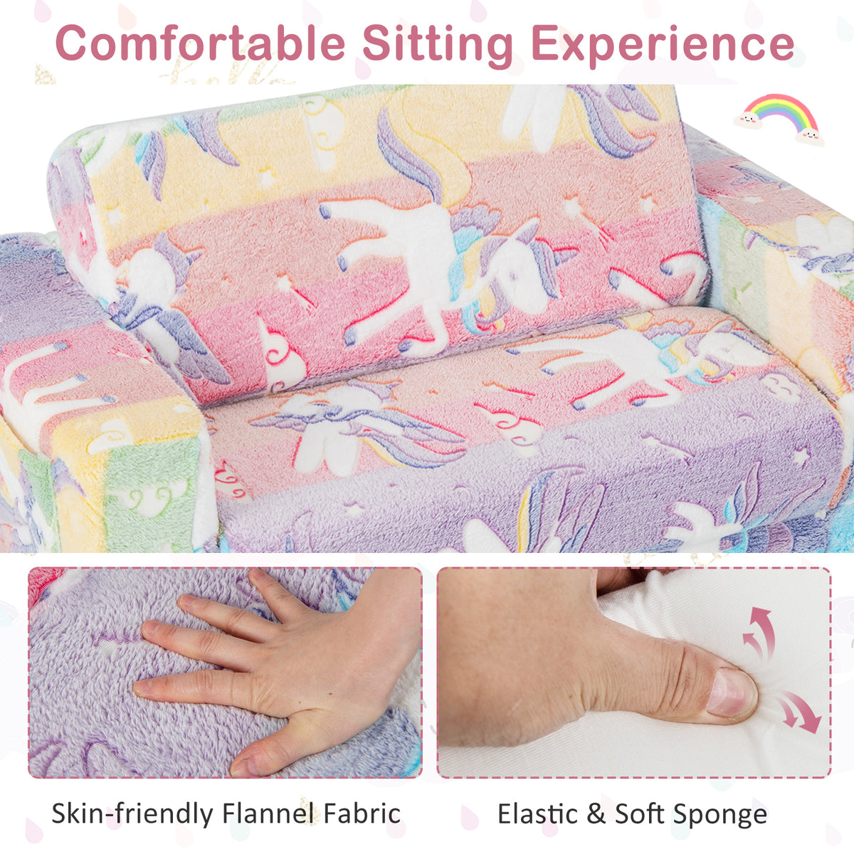 Kids 2-in-1 Flip Out Sofa Chair with Detachable Flannel Cover & Glowing Patterns - Color
