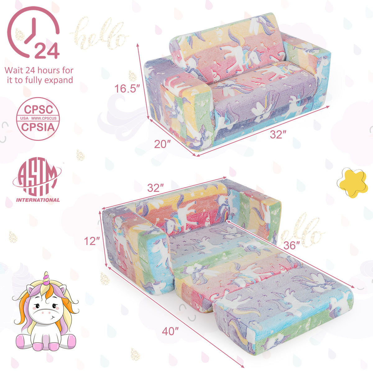 Kids 2-in-1 Flip Out Sofa Chair with Detachable Flannel Cover & Glowing Patterns - Color