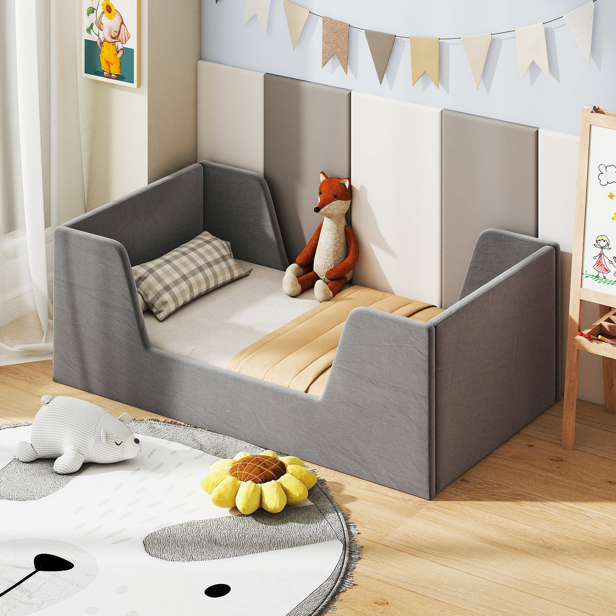 Toddler Bed Frame with Safety Rails - Soft Velvet, Gray, Sturdy Support
