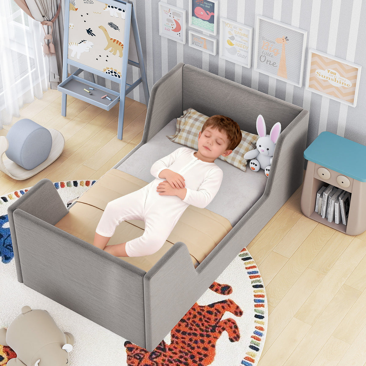 Toddler Bed Frame with Safety Rails - Soft Velvet, Gray, Sturdy Support