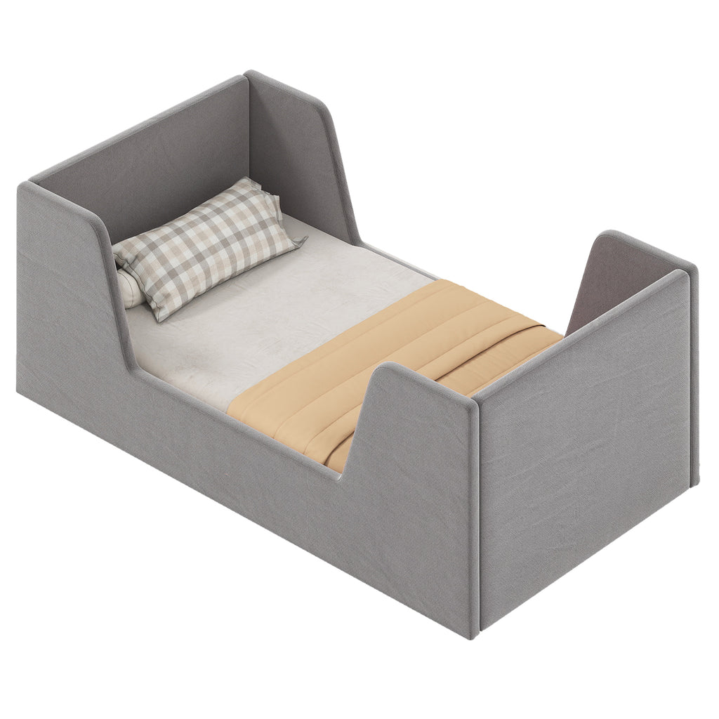 Toddler Bed Frame with Safety Rails - Soft Velvet, Gray, Sturdy Support