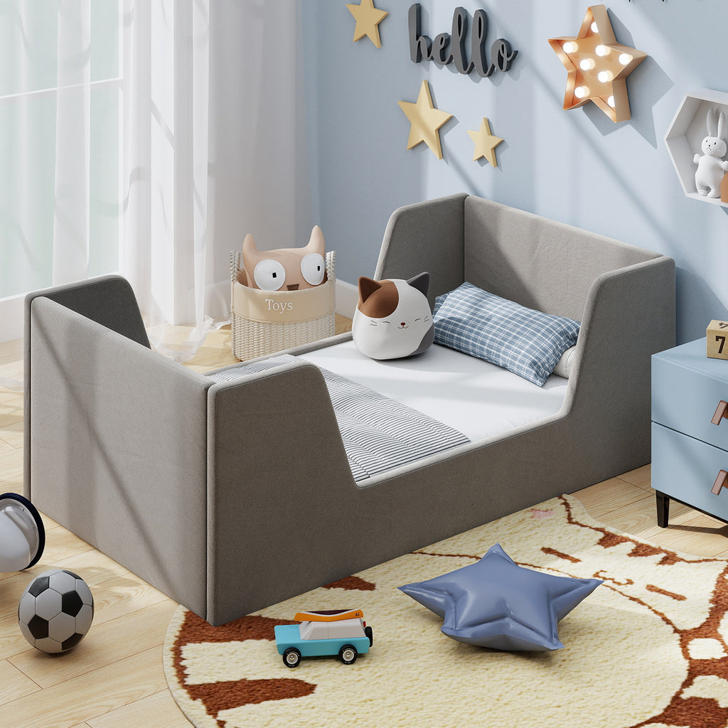 Toddler Bed Frame with Safety Rails - Soft Velvet, Gray, Sturdy Support
