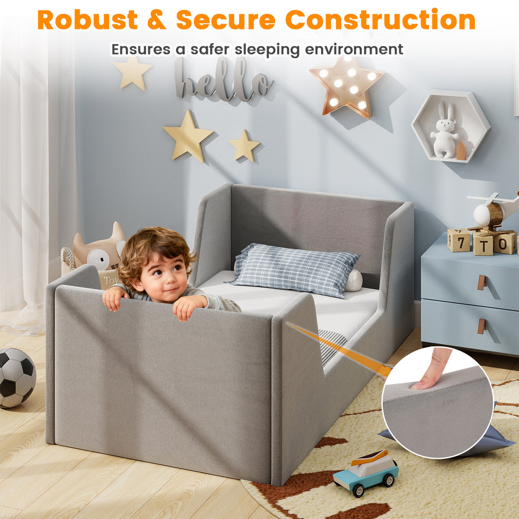 Toddler Bed Frame with Safety Rails - Soft Velvet, Gray, Sturdy Support