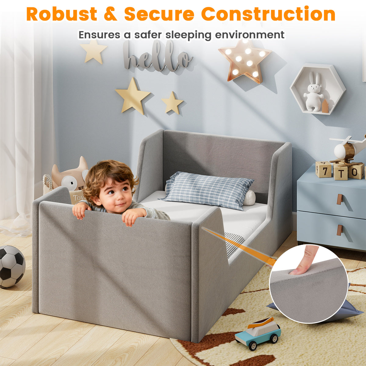 Toddler Bed Frame with Safety Rails - Soft Velvet, Gray, Sturdy Support