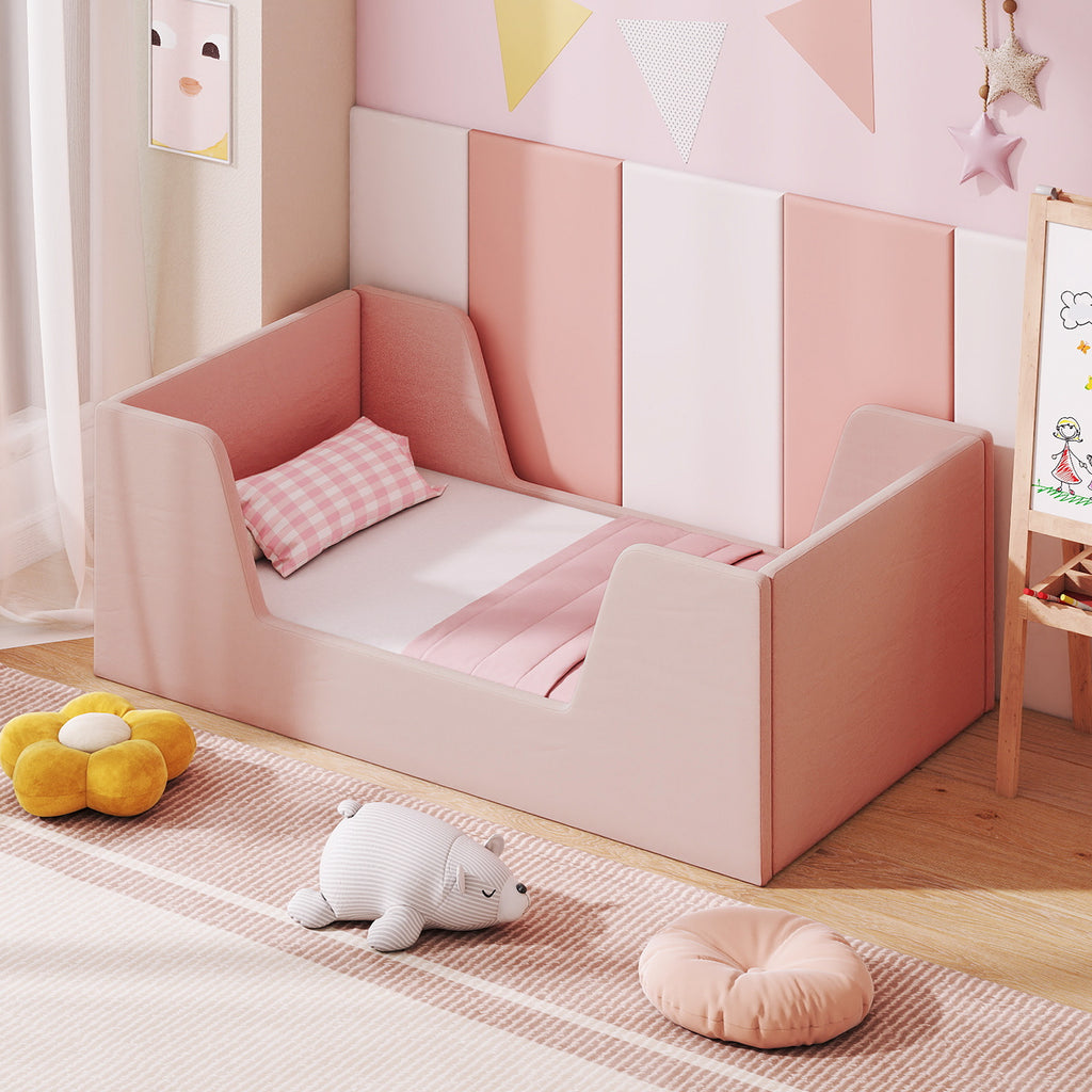 Toddler Bed Frame with Safety Rails - Soft Velvet, Gray, Sturdy Support