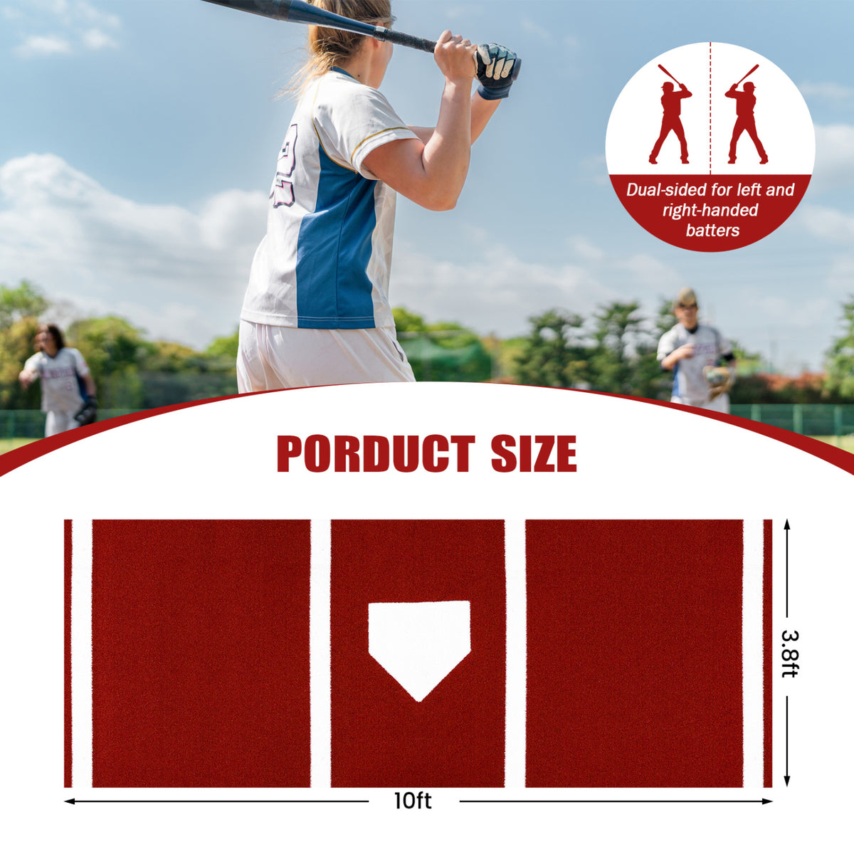 Red Softball Pitching Mat 10x3 Feet - Training Aid with Pitching Plate & Non-Slip Backing