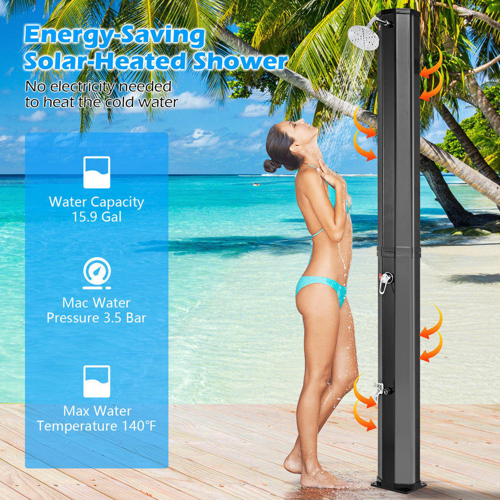 Solar Heated Outdoor Shower 7.5 Ft 15.9 Gallon - Black