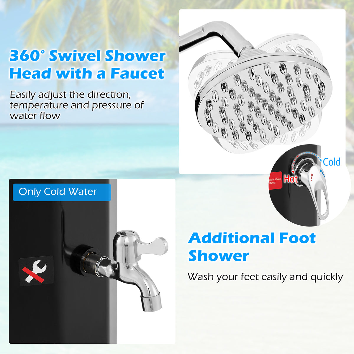 Solar Heated Outdoor Shower 7.5 Ft 15.9 Gallon - Black