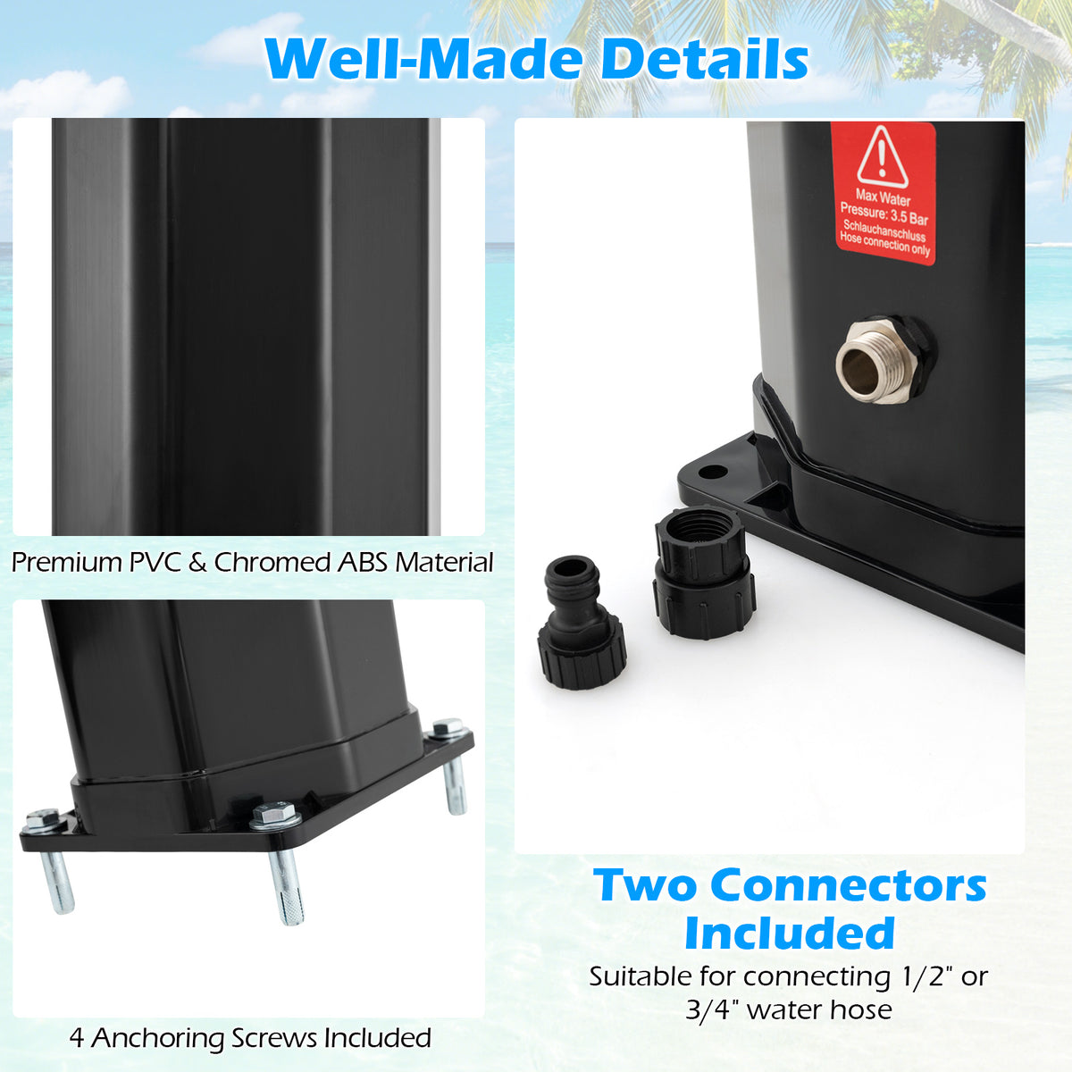 Solar Heated Outdoor Shower 7.5 Ft 15.9 Gallon - Black