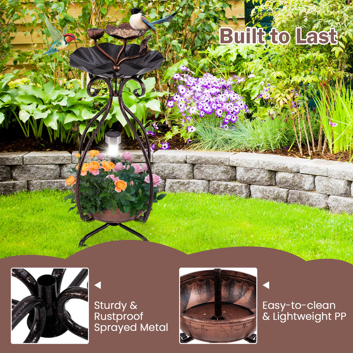 3-in-1 Lotus Flower Bird Bath Feeder with Solar Lights and Planting Tray - Copper