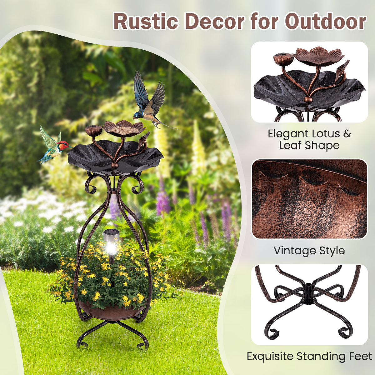 3-in-1 Lotus Flower Bird Bath Feeder with Solar Lights and Planting Tray - Copper