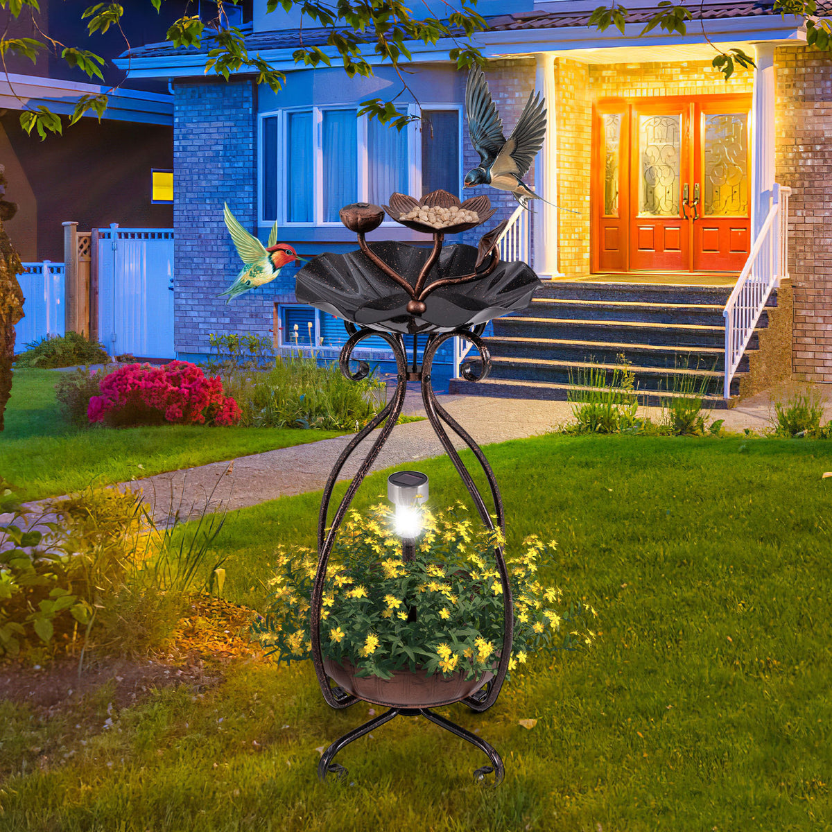 3-in-1 Lotus Flower Bird Bath Feeder with Solar Lights and Planting Tray - Copper