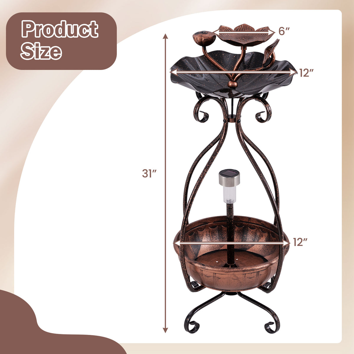 3-in-1 Lotus Flower Bird Bath Feeder with Solar Lights and Planting Tray - Copper