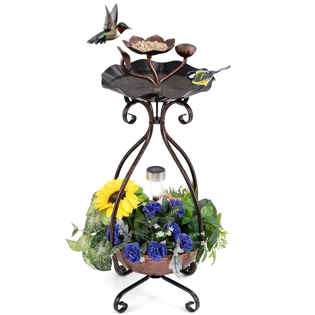 3-in-1 Lotus Flower Bird Bath Feeder with Solar Lights and Planting Tray - Copper