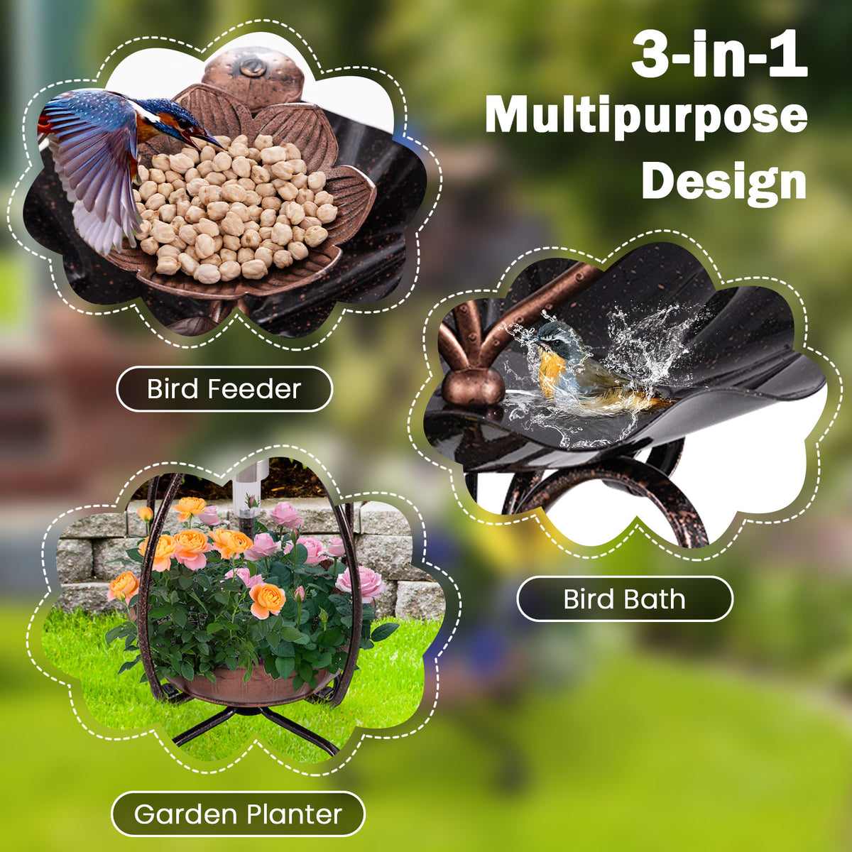 3-in-1 Lotus Flower Bird Bath Feeder with Solar Lights and Planting Tray - Copper