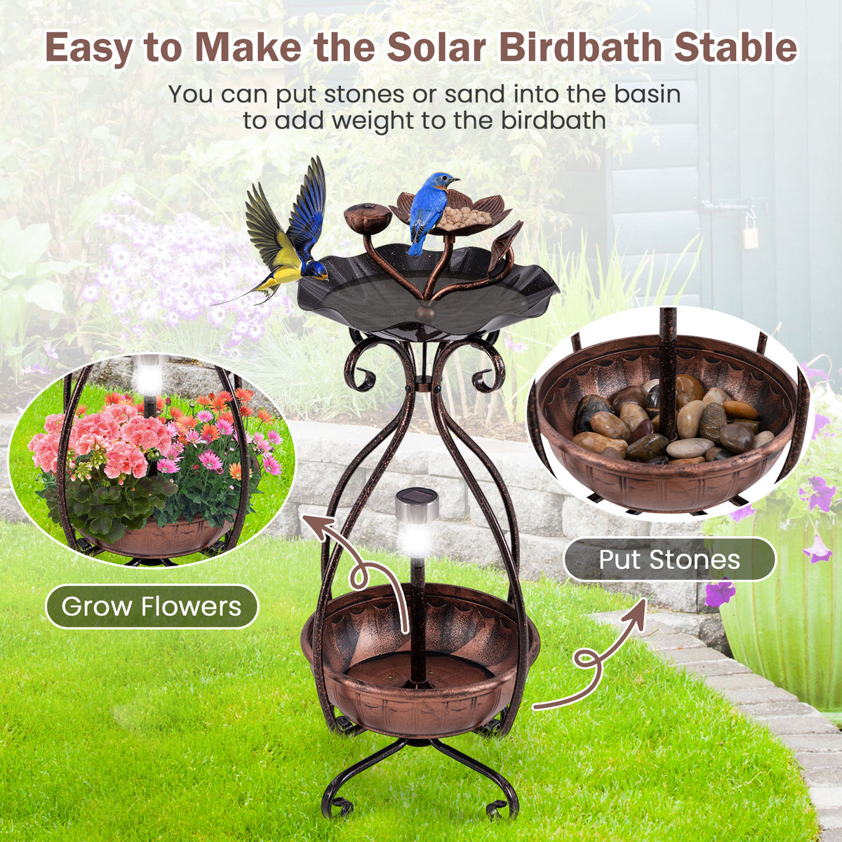 3-in-1 Lotus Flower Bird Bath Feeder with Solar Lights and Planting Tray - Copper
