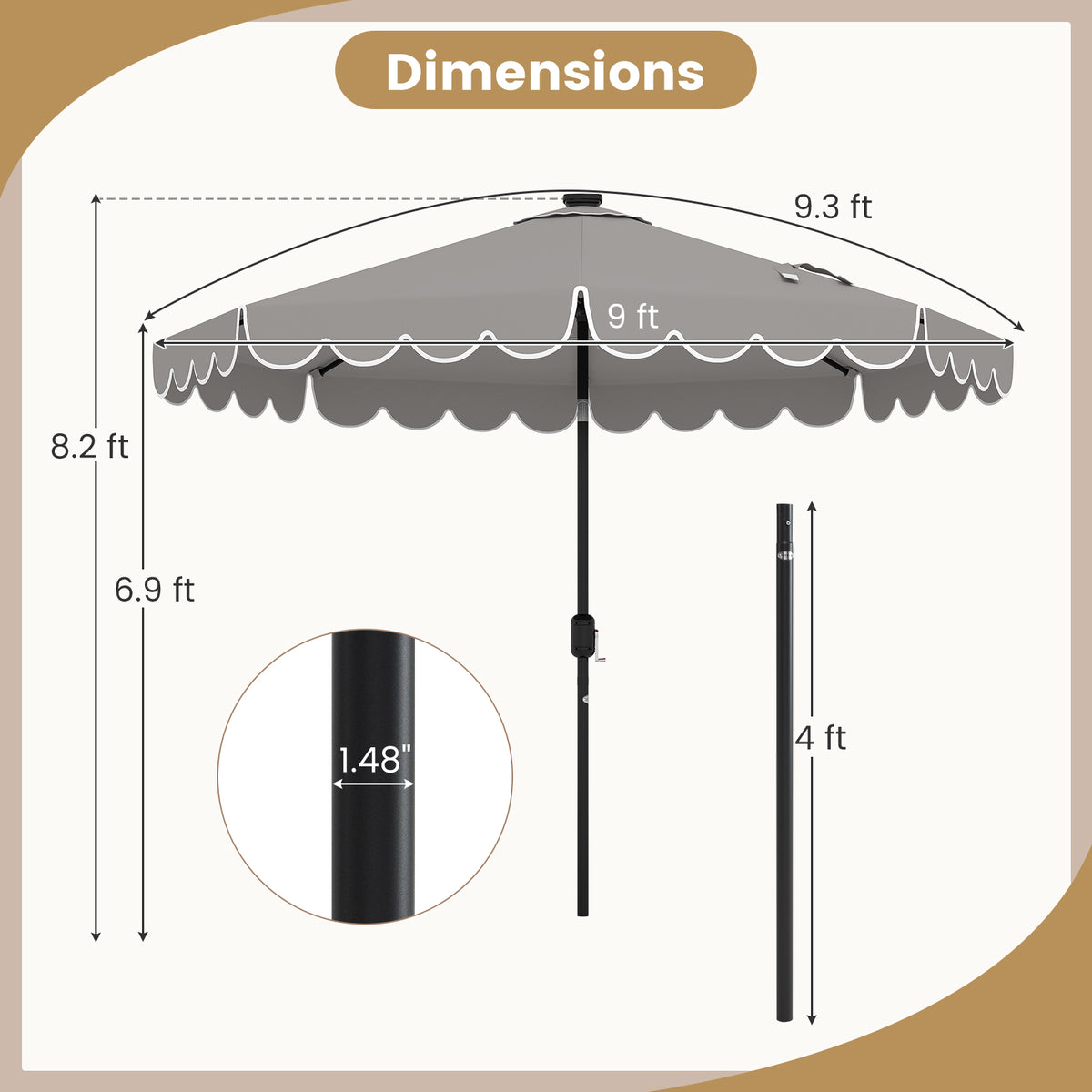 9.3 Feet Solar Patio Umbrella with 24 LED Lights Vented Top and