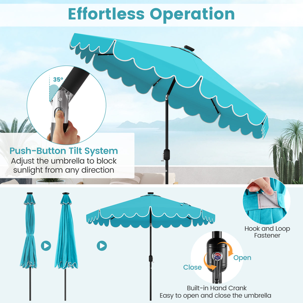 9.3 Feet Solar Patio Umbrella with 24 LED Lights Vented Top and