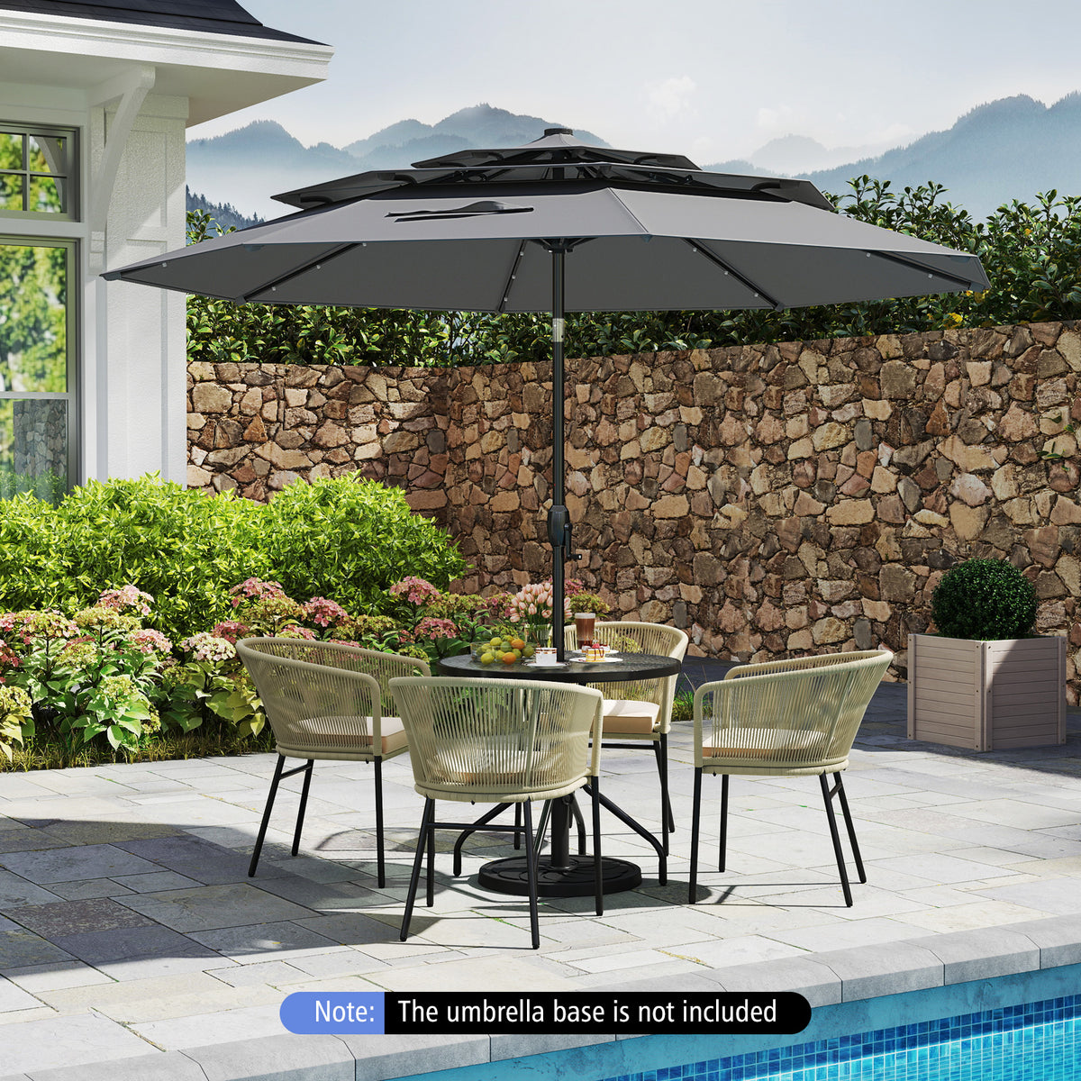 10 FT Solar Patio Umbrella with 32 LED Lights, 3-Tier, Gray