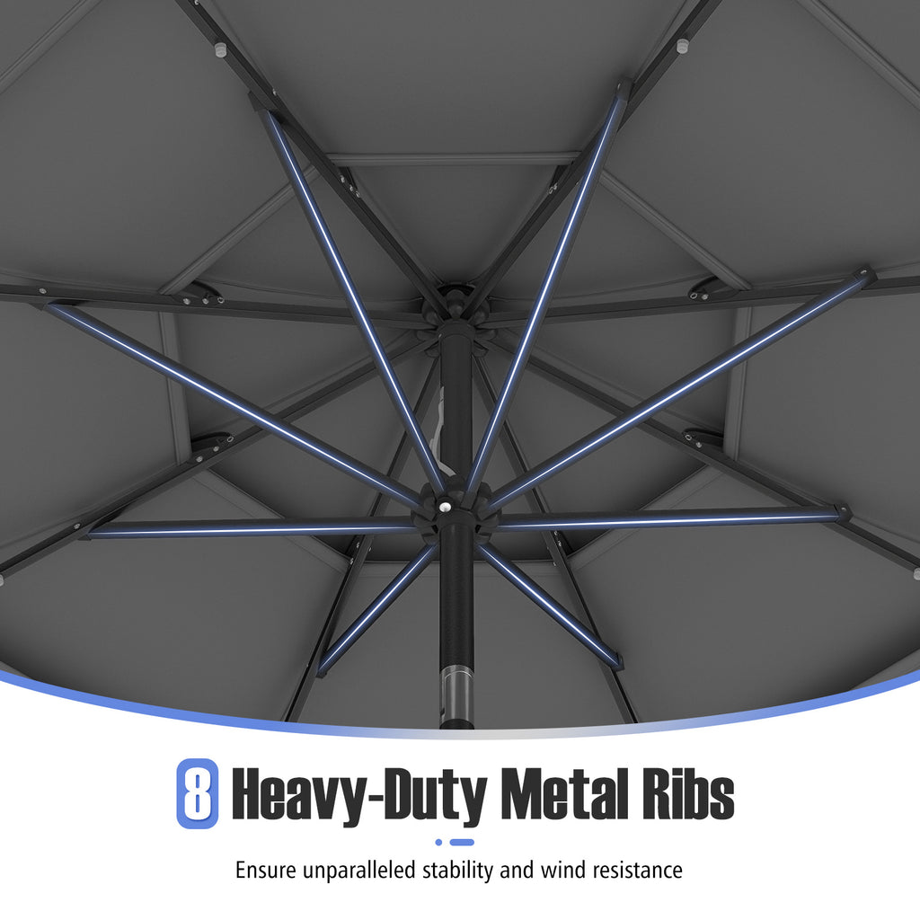 10 FT Solar Patio Umbrella with 32 LED Lights, 3-Tier, Gray