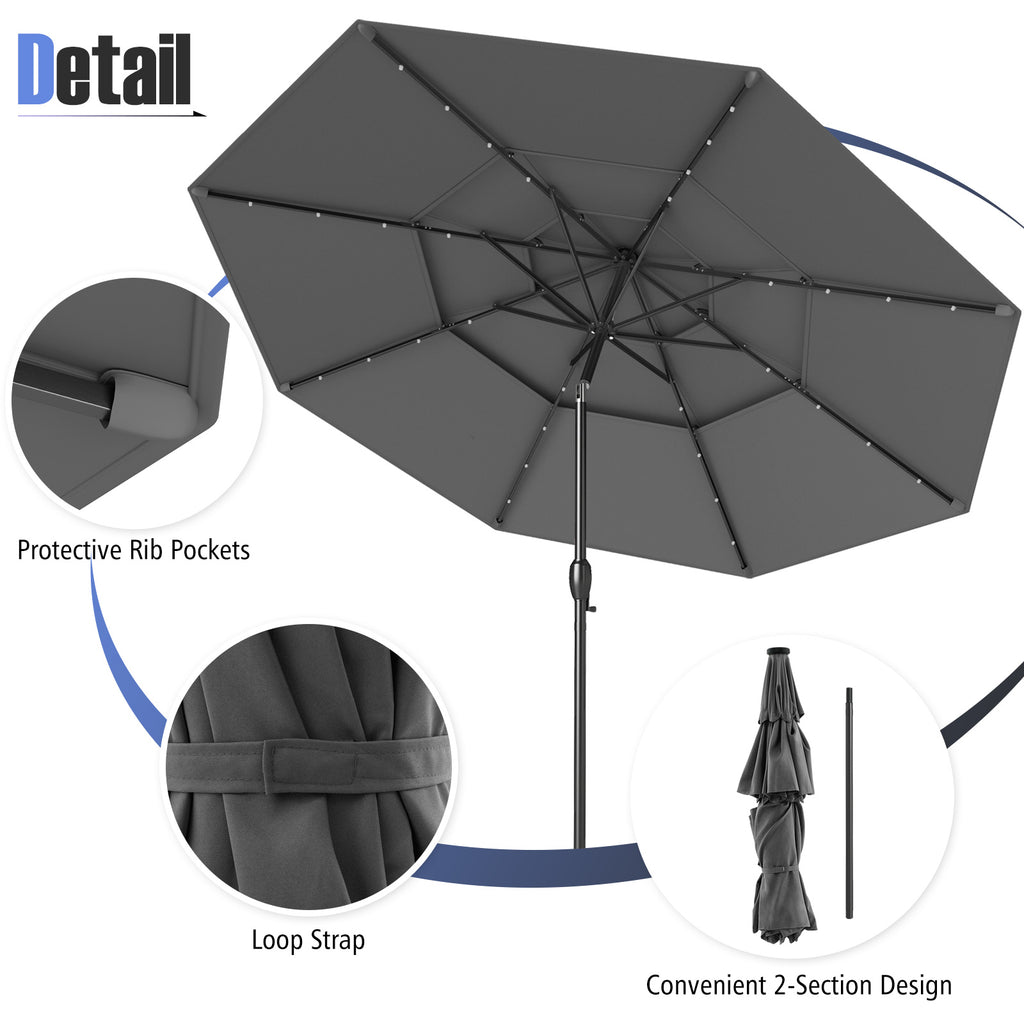 10 FT Solar Patio Umbrella with 32 LED Lights, 3-Tier, Gray