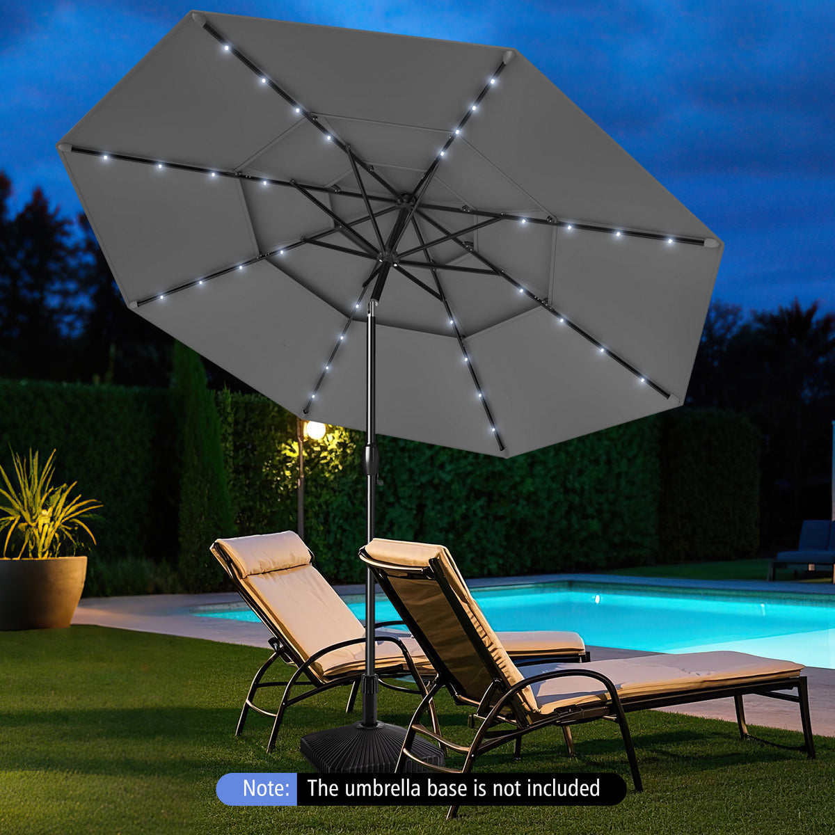 10 FT Solar Patio Umbrella with 32 LED Lights, 3-Tier, Gray