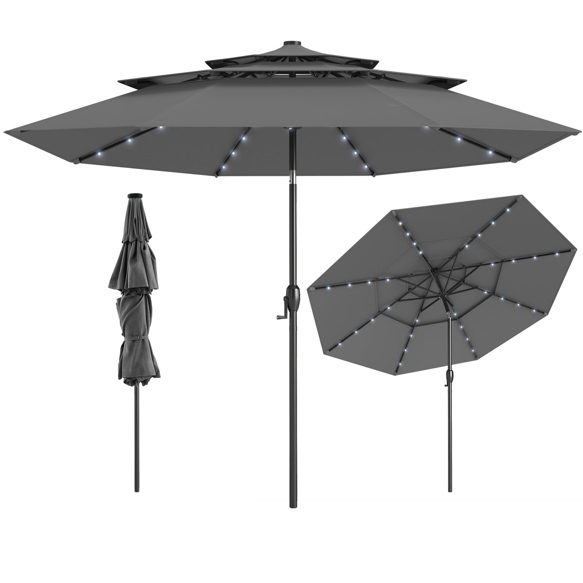 10 FT Solar Patio Umbrella with 32 LED Lights, 3-Tier, Gray