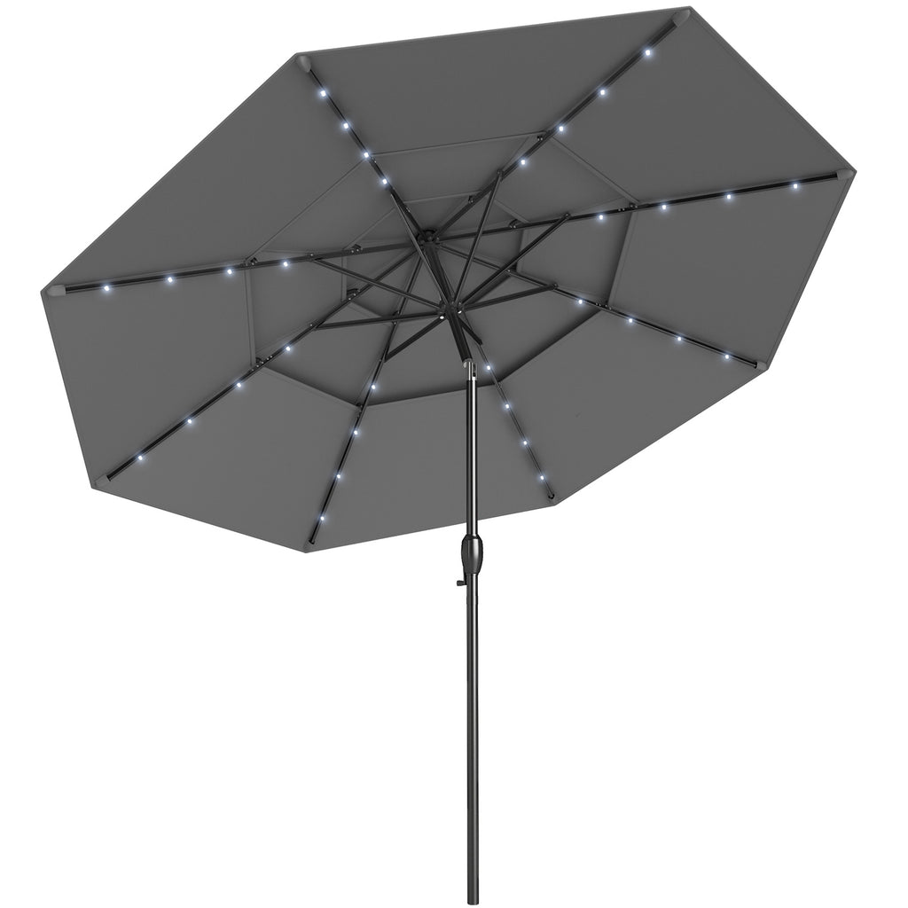 10 FT Solar Patio Umbrella with 32 LED Lights, 3-Tier, Gray
