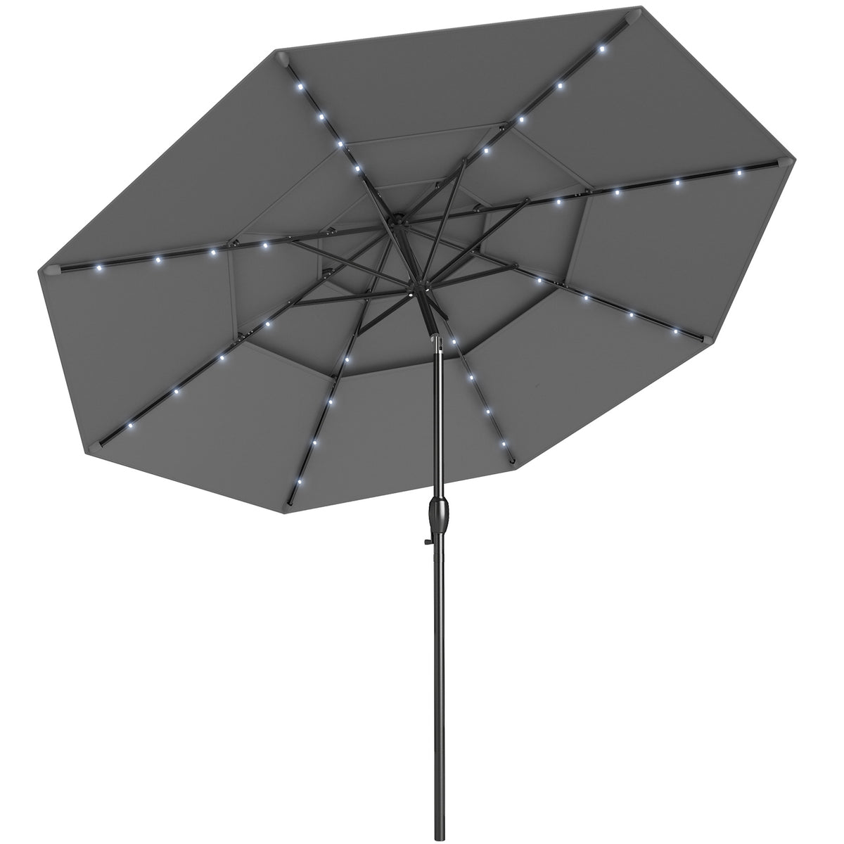 10 FT Solar Patio Umbrella with 32 LED Lights, 3-Tier, Gray