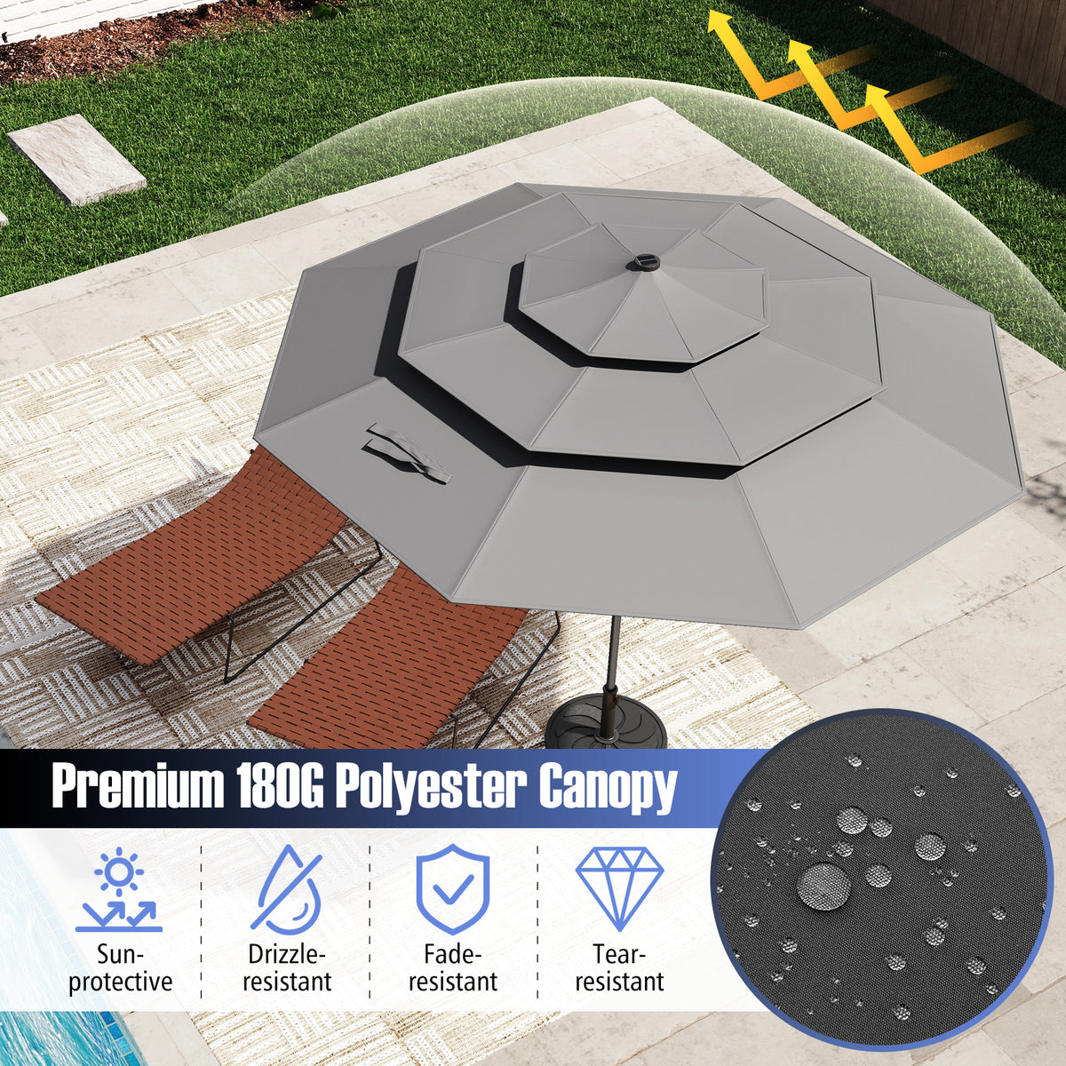 10 FT Solar Patio Umbrella with 32 LED Lights, 3-Tier, Gray